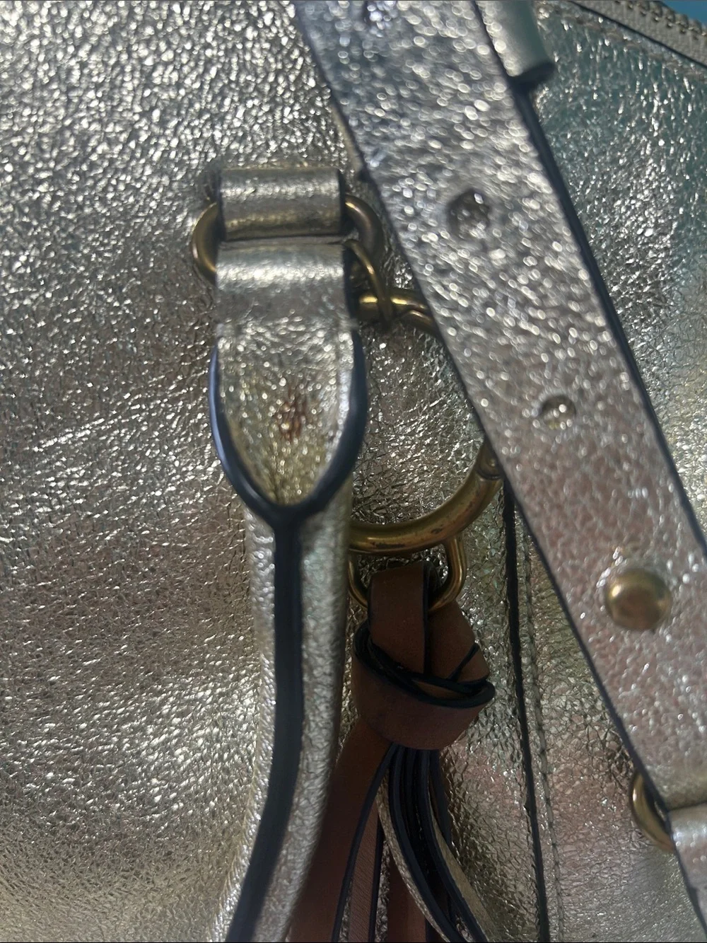 Tory Burch Metallic Gold Leather Satchel Top handle Crossbody Bag Tassel Charm